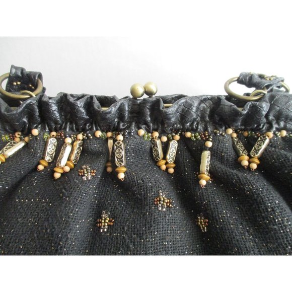 *Mary Frances Vintage Brown Beaded Satchel Tulip Motif Seed and Wooden Beads - Picture 8 of 14